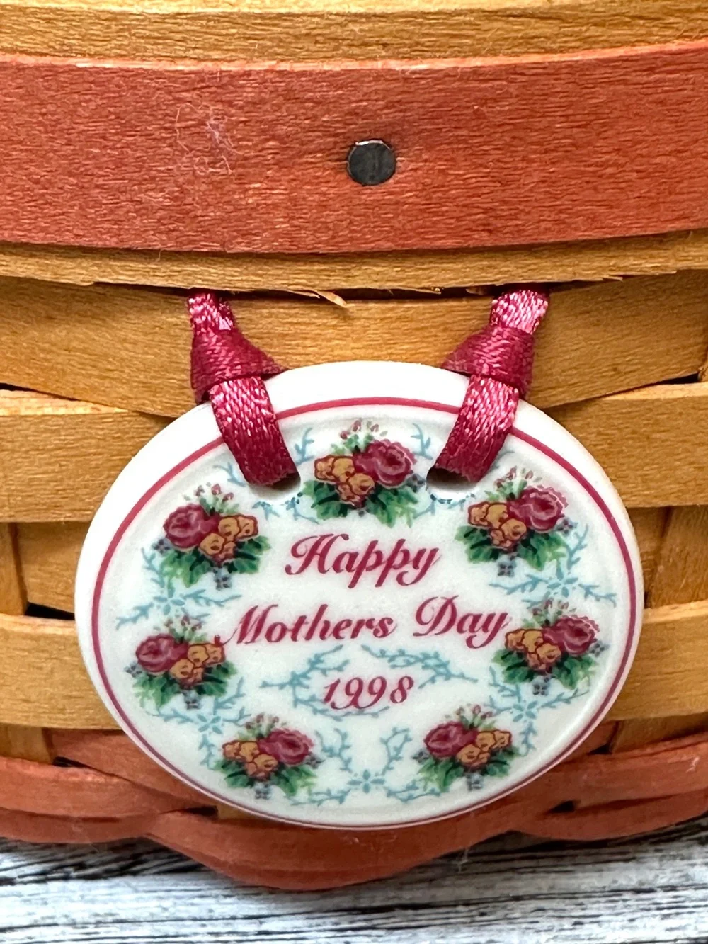 Longaberger 1998 Happy Mother’s Day Basket w/ Floral Fabric Liner & Tie On